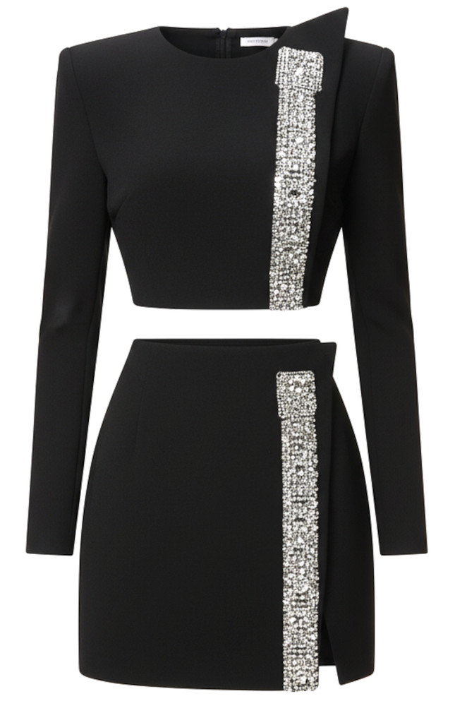 Long Sleeve Crystal Detail Two Piece Dress Black