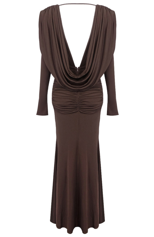 Long Sleeve Draped Maxi Dress Brown