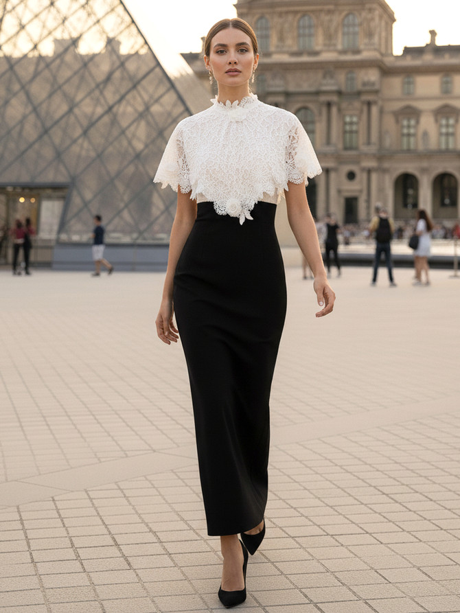 Crochet Detail Midi Dress Black White