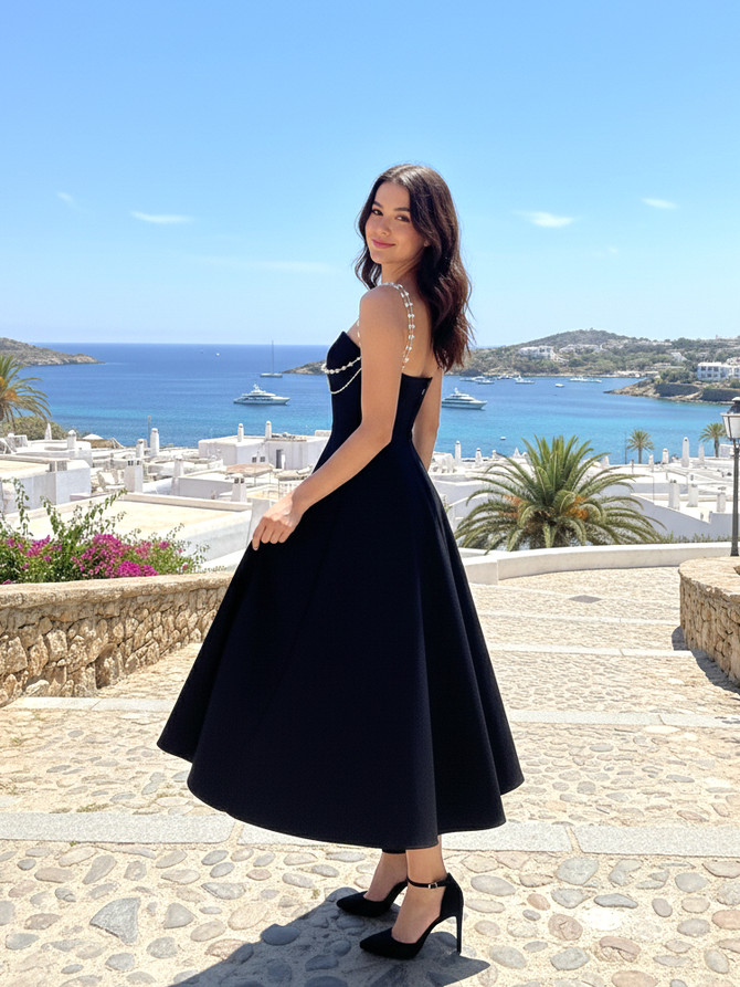 Pearl Detail A Line Midi Dress Black