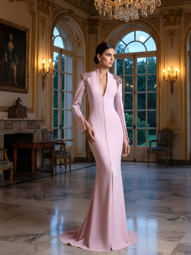 Long Sleeve Crystal Shoulders A Line Maxi Dress Pink