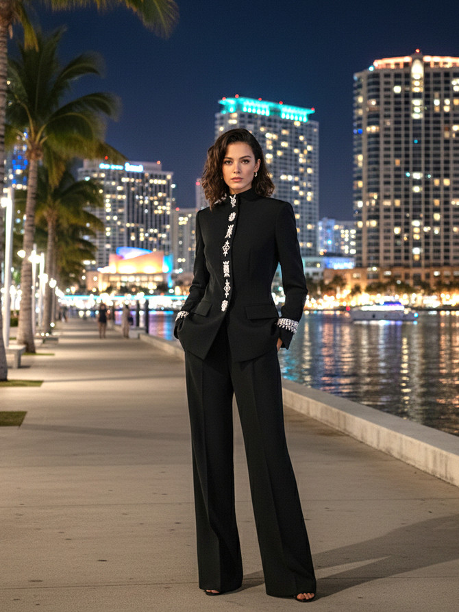 Long Sleeve Crystal Detail Suit Black
