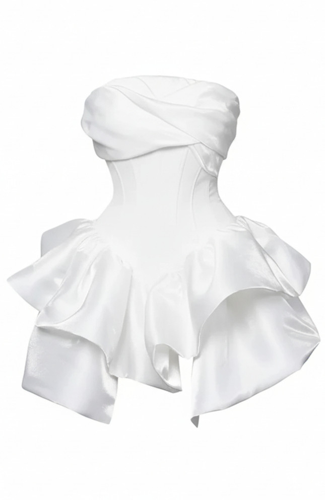Strapless Draped Ruffle Dress White