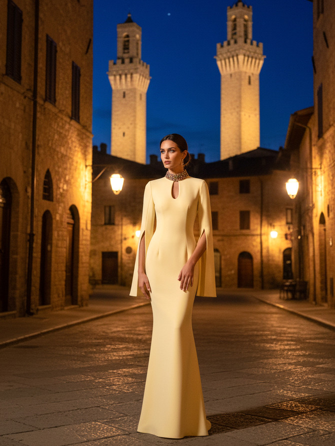 Long Sleeve Embellished Neck Maxi Dress Yellow
