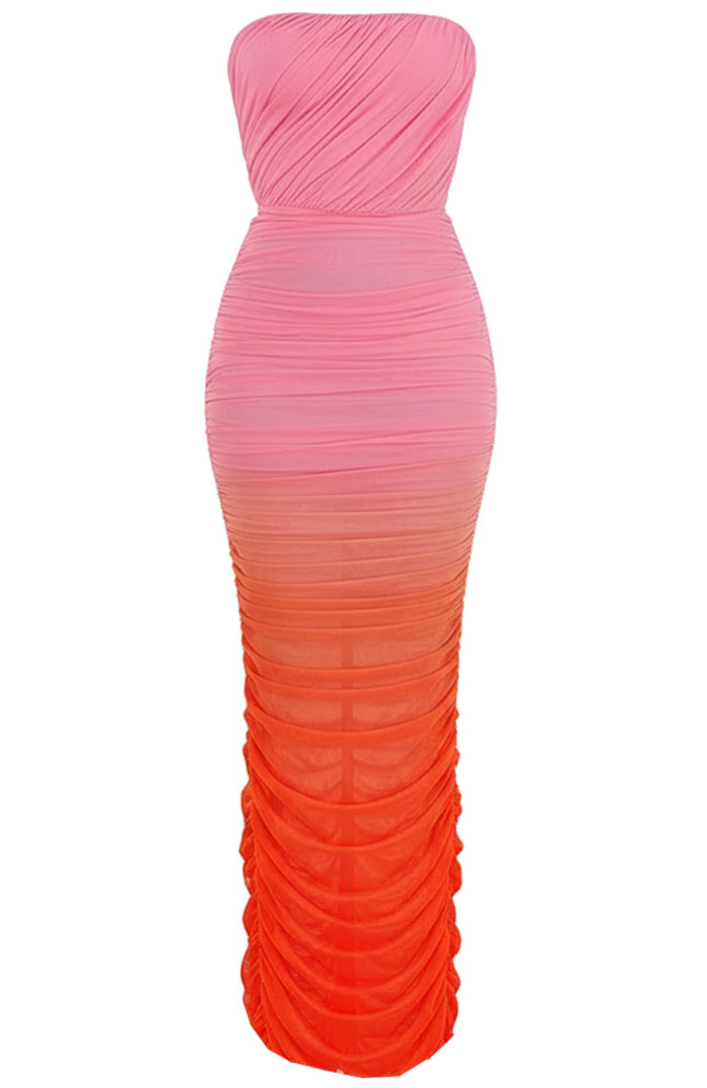 Strapless Ruched Maxi Dress Pink Orange