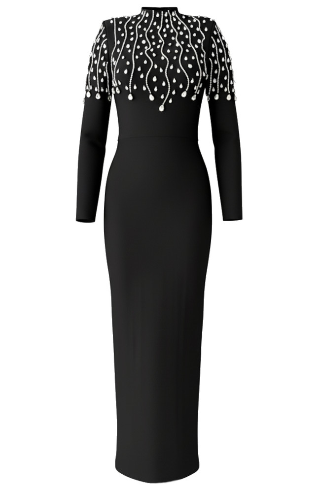 Long Sleeve Crystals Maxi Dress Black