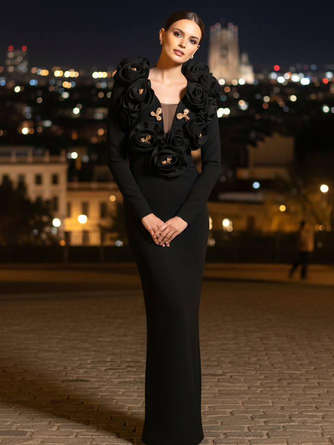 Long Sleeve Floral Detail Maxi Dress Black