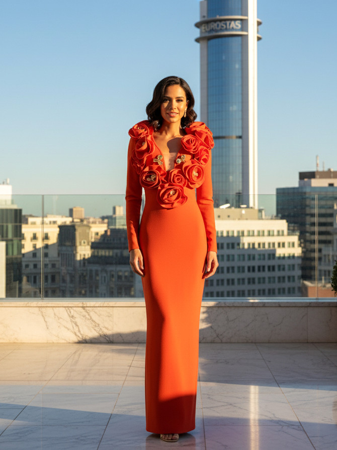 Long Sleeve Floral Detail Maxi Dress Red