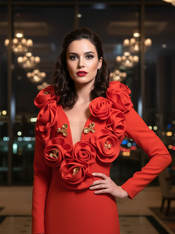 Long Sleeve Floral Detail Maxi Dress Red