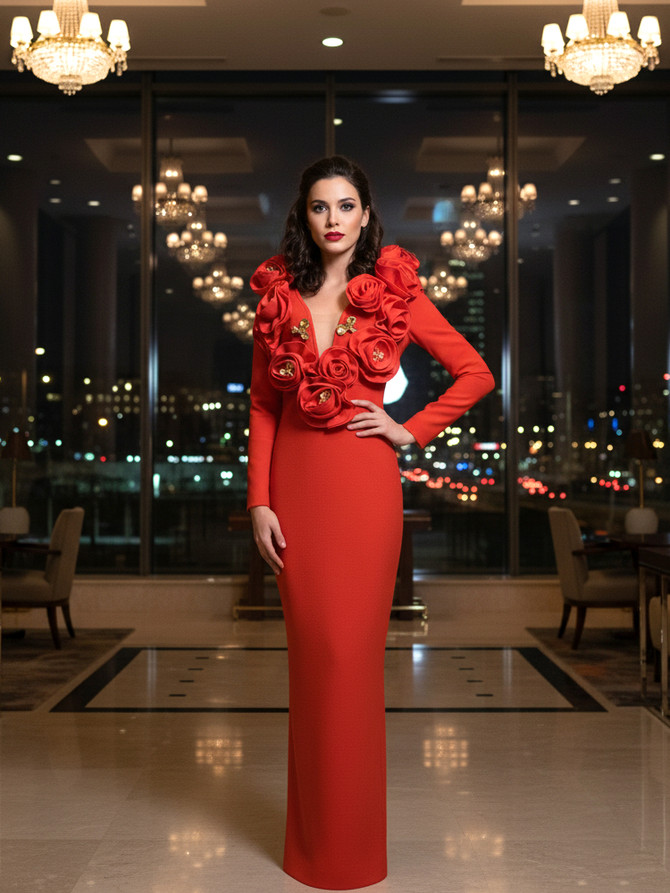 Long Sleeve Floral Detail Maxi Dress Red