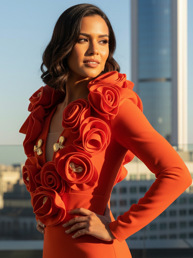 Long Sleeve Floral Detail Maxi Dress Red