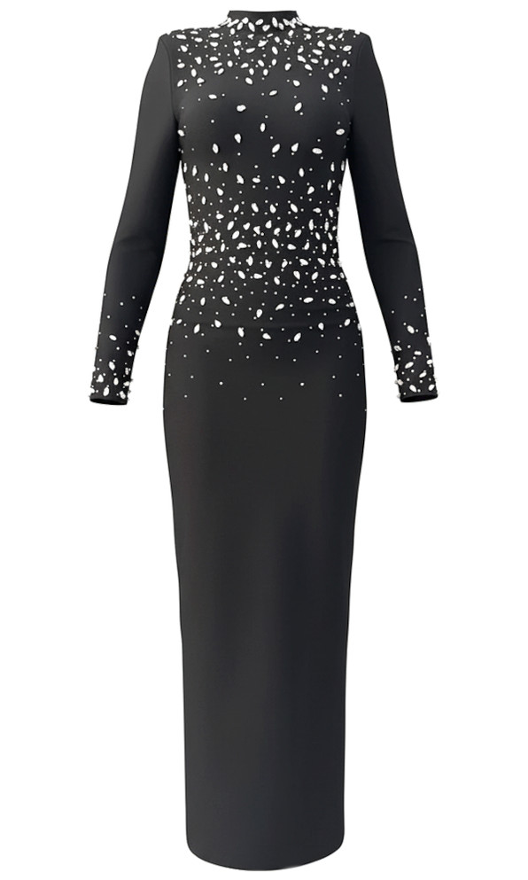 Long Sleeve Embellished Detail Maxi Dress Black