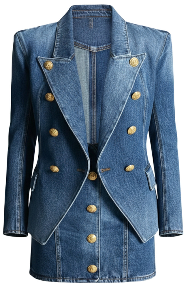 Long Sleeve Two Piece Denim Set Blue