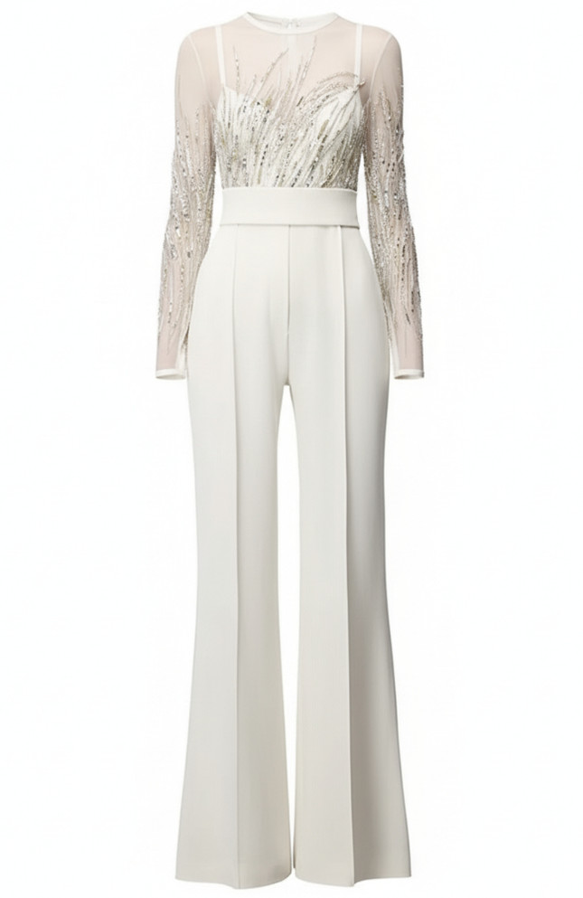 Long Sleeve Sequin Mesh Jumpsuit White