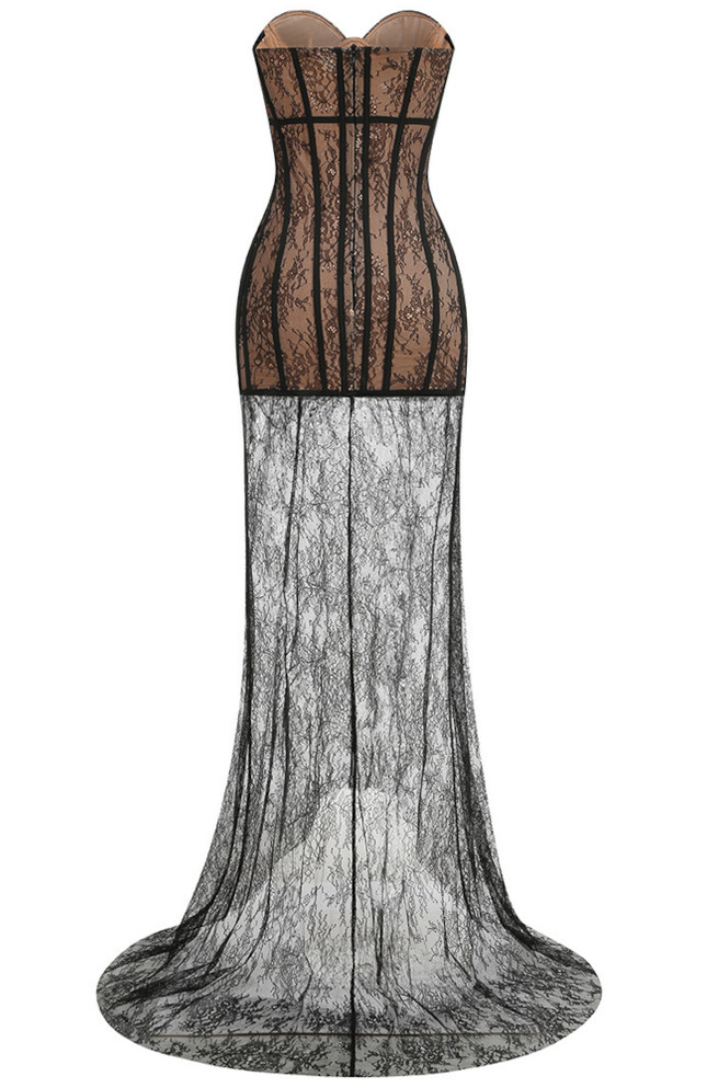 Strapless Lace Bustier Maxi Dress Black