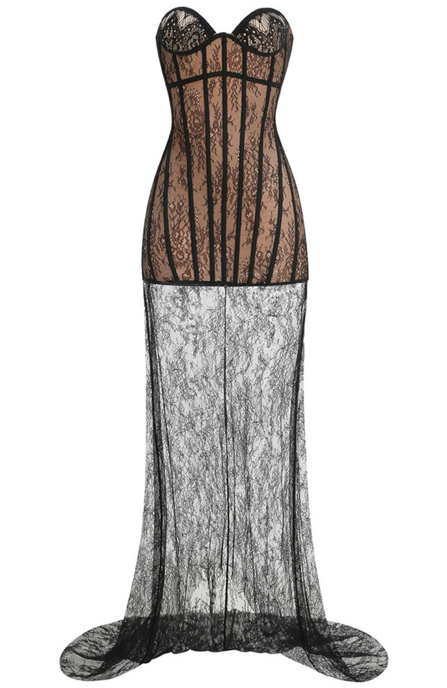 Strapless Lace Bustier Maxi Dress Black