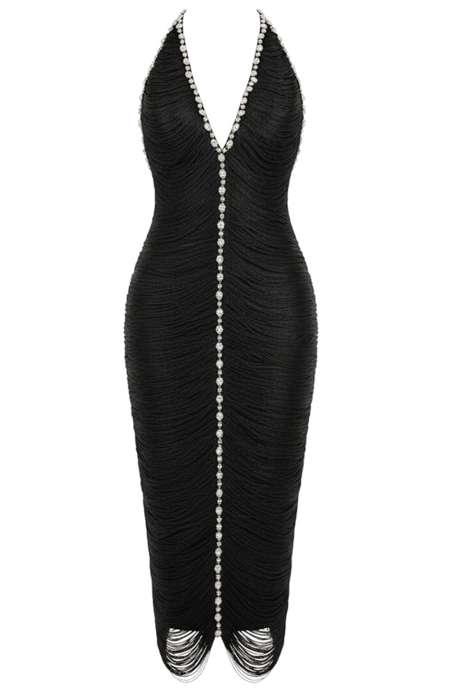 Halter Crystal Tassel Midi Dress Black