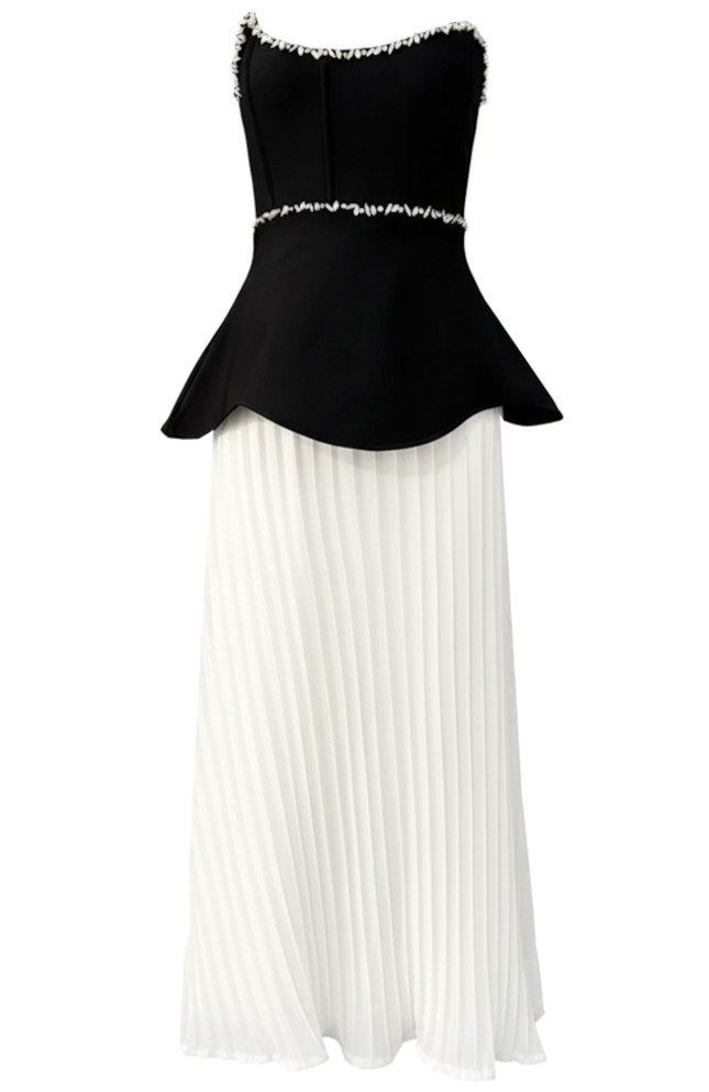 Strapless Crystal Peplum Pleated Midi Dress Black White