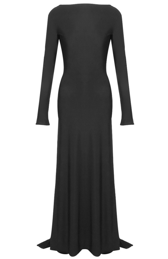 Long Sleeve Draped Backless Maxi Dress Black