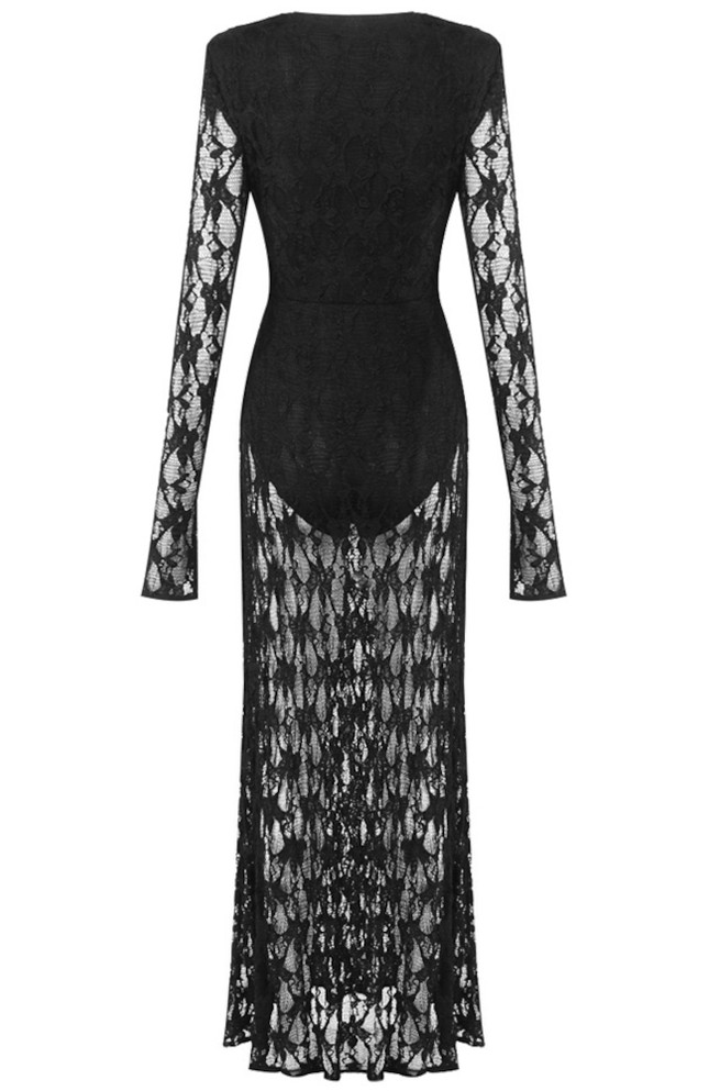 Long Sleeve Draped Detail Lace Maxi Dress Black