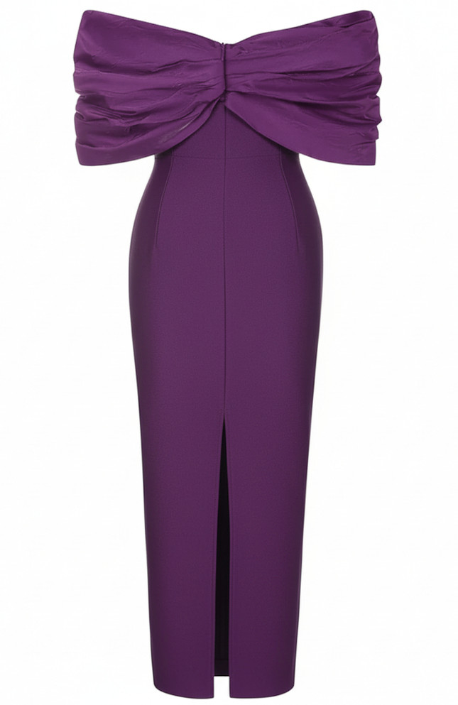 Draped Bardot Midi Dress Purple