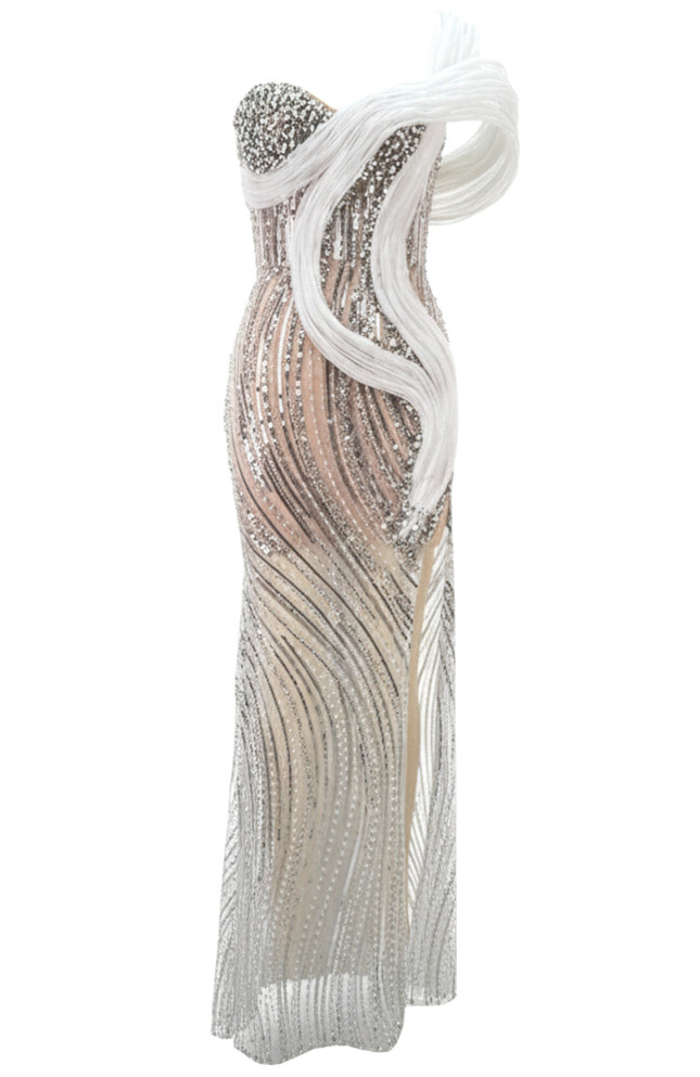 One Shoulder Crystal Bustier Sequin Maxi Dress White Nude