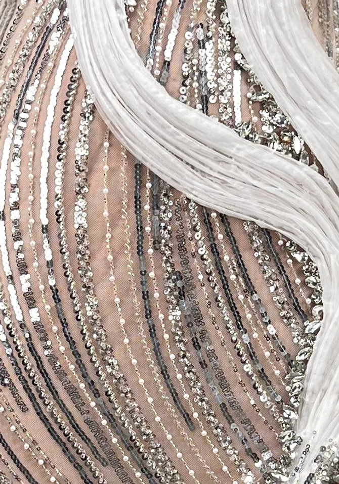 One Shoulder Crystal Bustier Sequin Maxi Dress White Nude