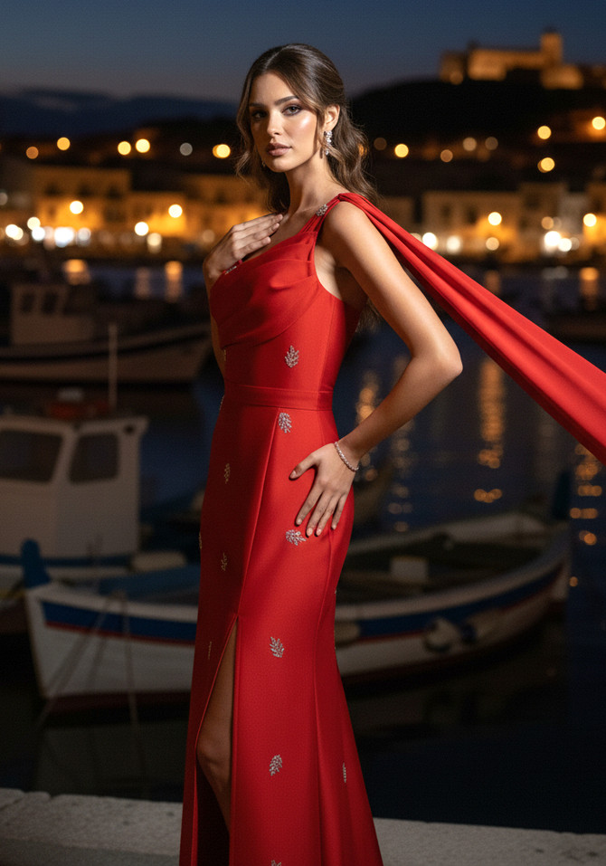 One Shoulder Crystal Detail Maxi Dress Red