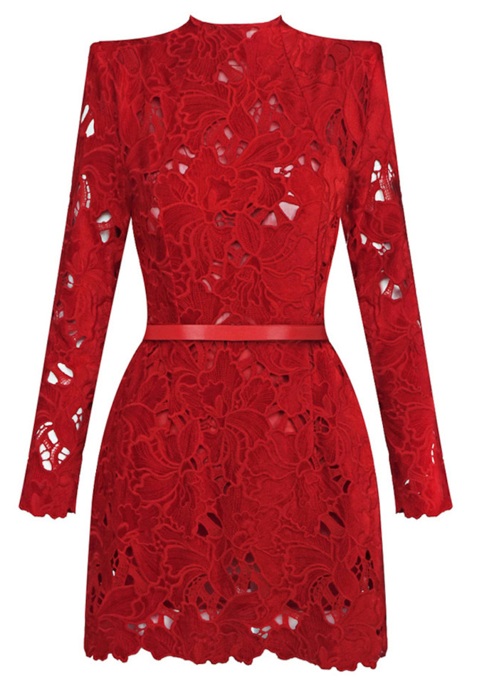 Long Sleeve Crochet Dress Red