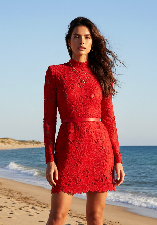 Long Sleeve Crochet Dress Red