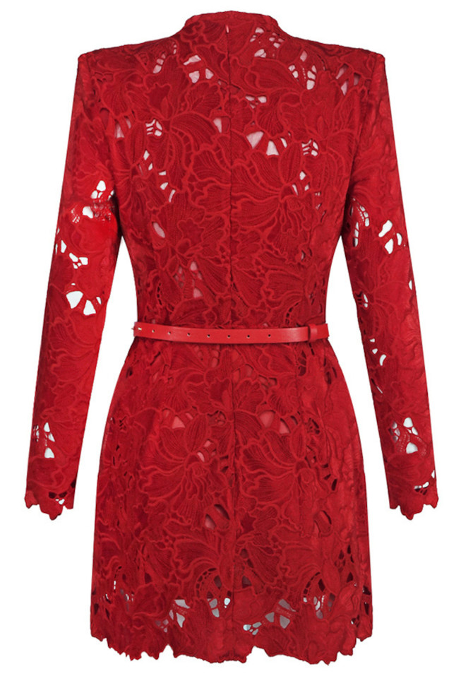 Long Sleeve Crochet Dress Red