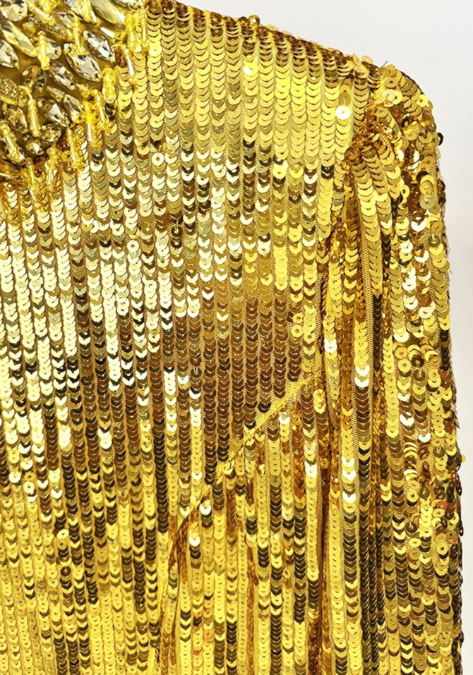 Long Sleeve Crystal Neck Sequin Maxi Dress Gold