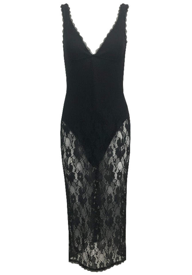 Scalloped Lace Midi Dress Black