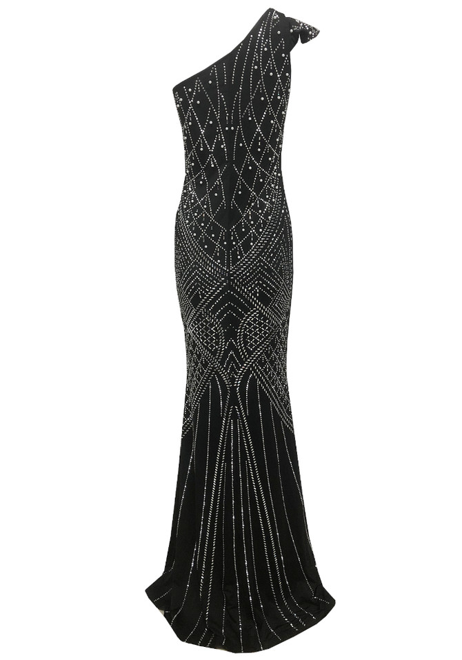 One Shoulder Crystal Mermaid Maxi Dress Black