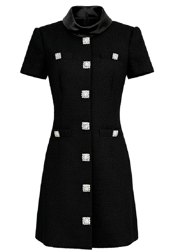 Short Sleeve Crystal Button Dress Black