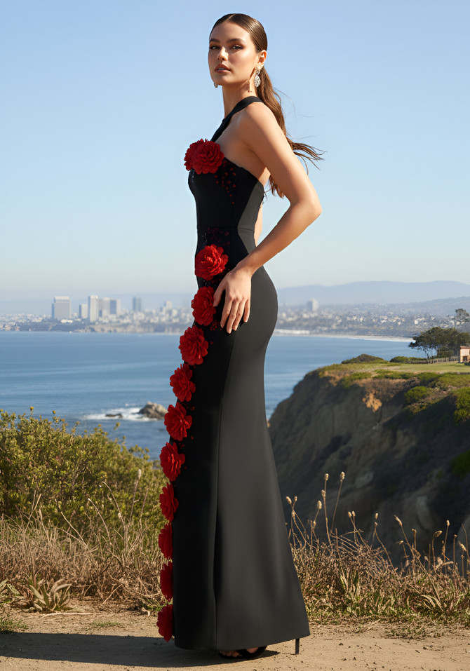 Halter Floral Crystal Maxi Dress Black Red