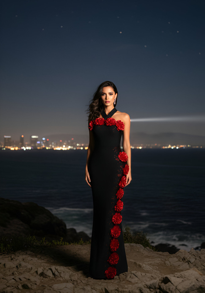 Halter Floral Crystal Maxi Dress Black Red