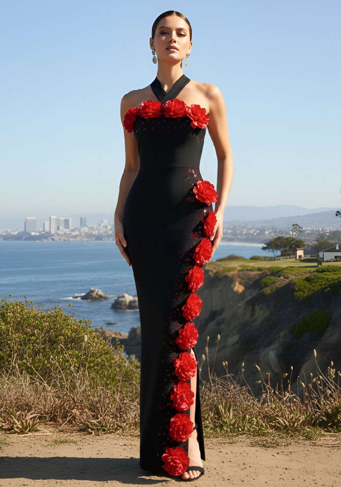 Halter Floral Crystal Maxi Dress Black Red