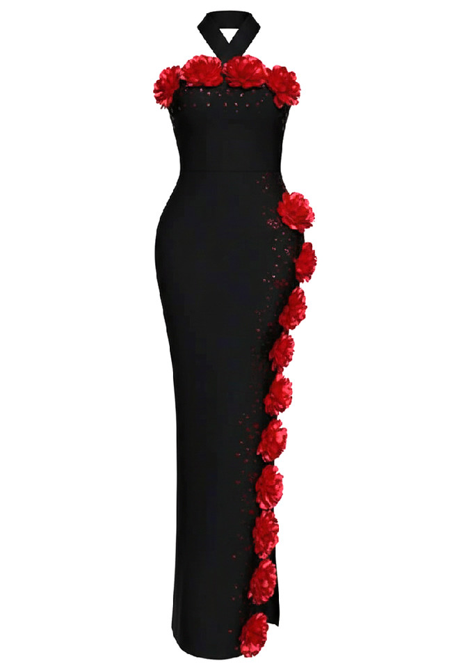 Halter Floral Crystal Maxi Dress Black Red
