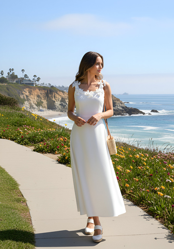 Floral Neckline A Line Midi Dress White