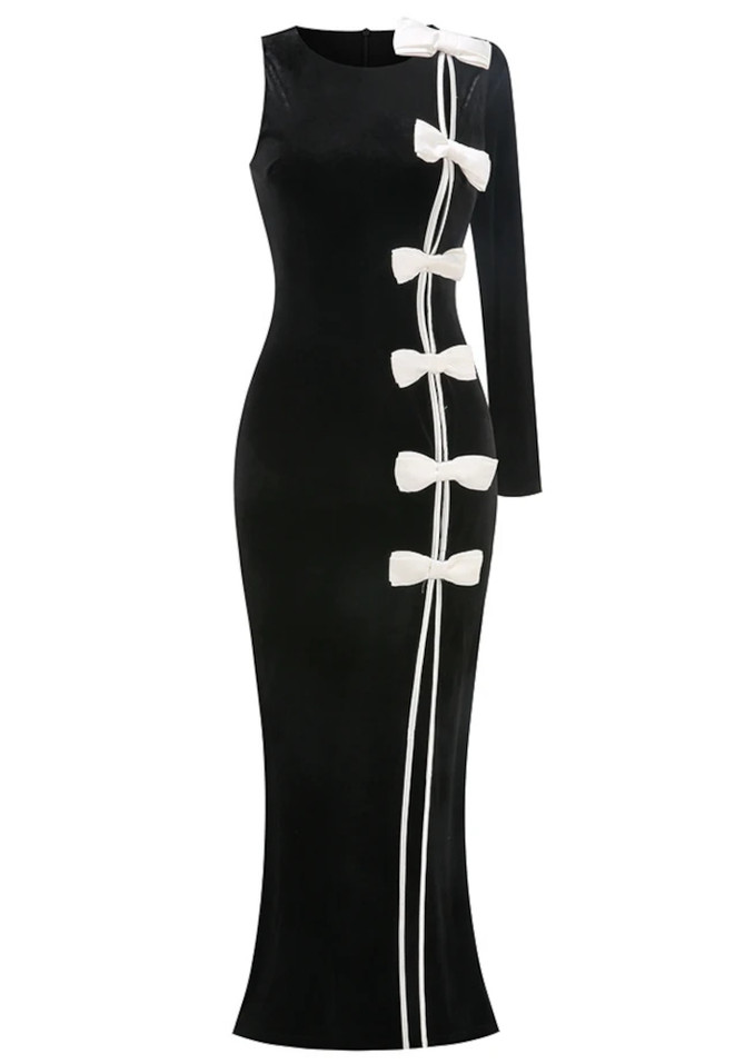 One Sleeve Bow Detail Maxi Velvet Dress Black White