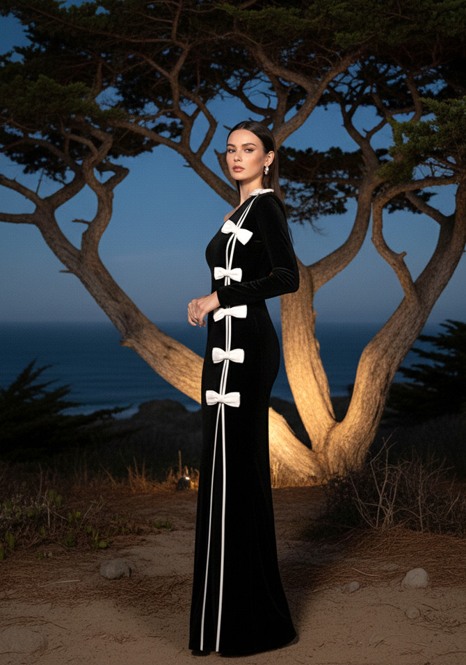 One Sleeve Bow Detail Maxi Velvet Dress Black White