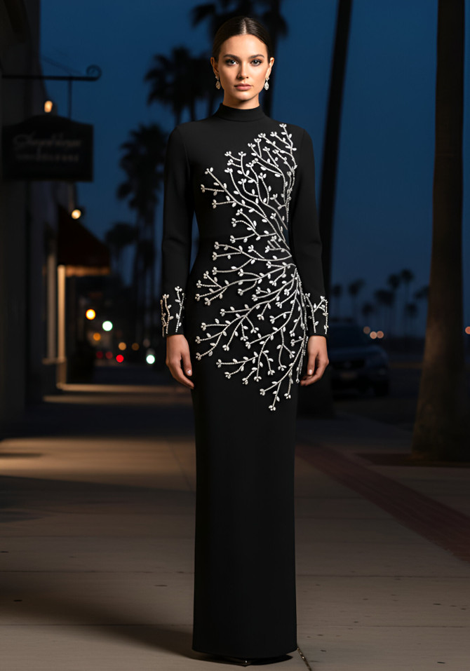 Long Sleeve Crystal Branch Detail Maxi Dress Black
