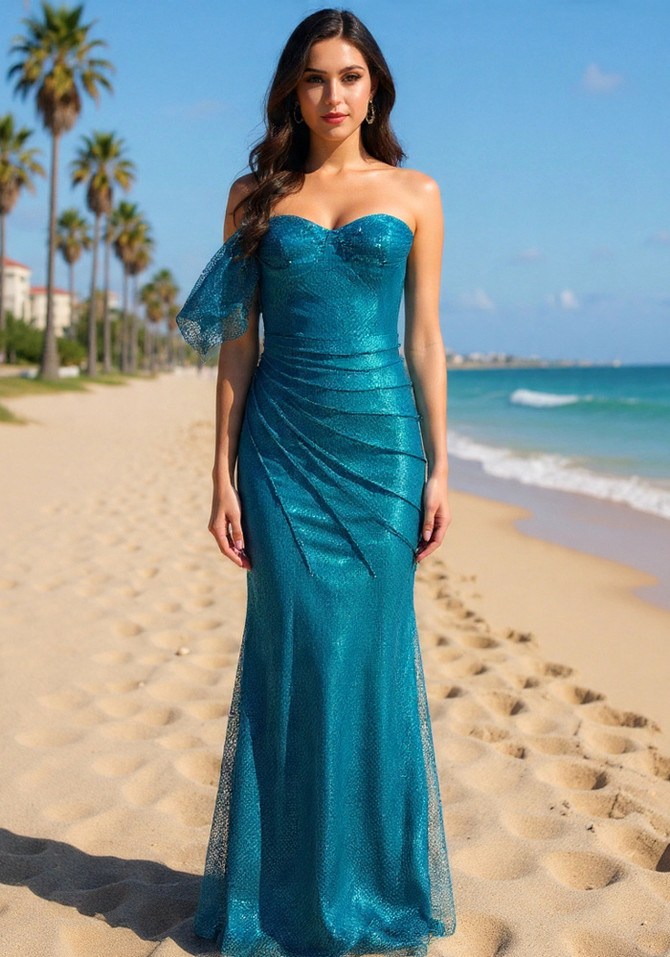 Draped Bardot Sparkly Bustier Maxi Dress Blue