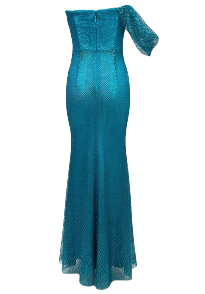 Draped Bardot Sparkly Bustier Maxi Dress Blue