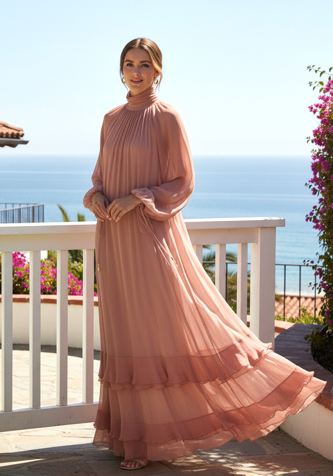 Long Sleeve Ruffle Maxi Dress Coral Pink