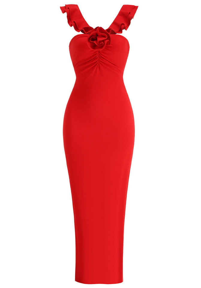 Ruffle Floral Maxi Dress Red