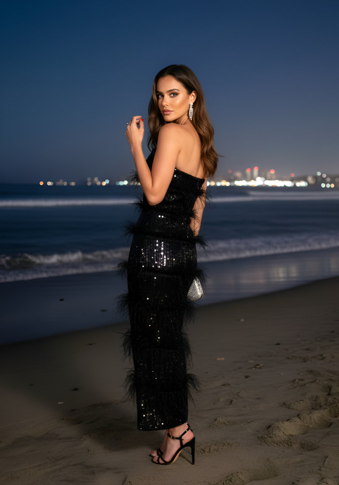 Strapless Feather Sequin Maxi Dress Black