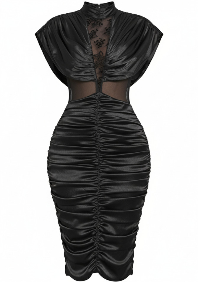 Draped Lace Insert Midi Dress Black