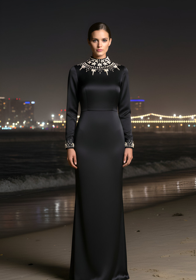 Long Sleeve Crystal Neck Detail Maxi Dress Black